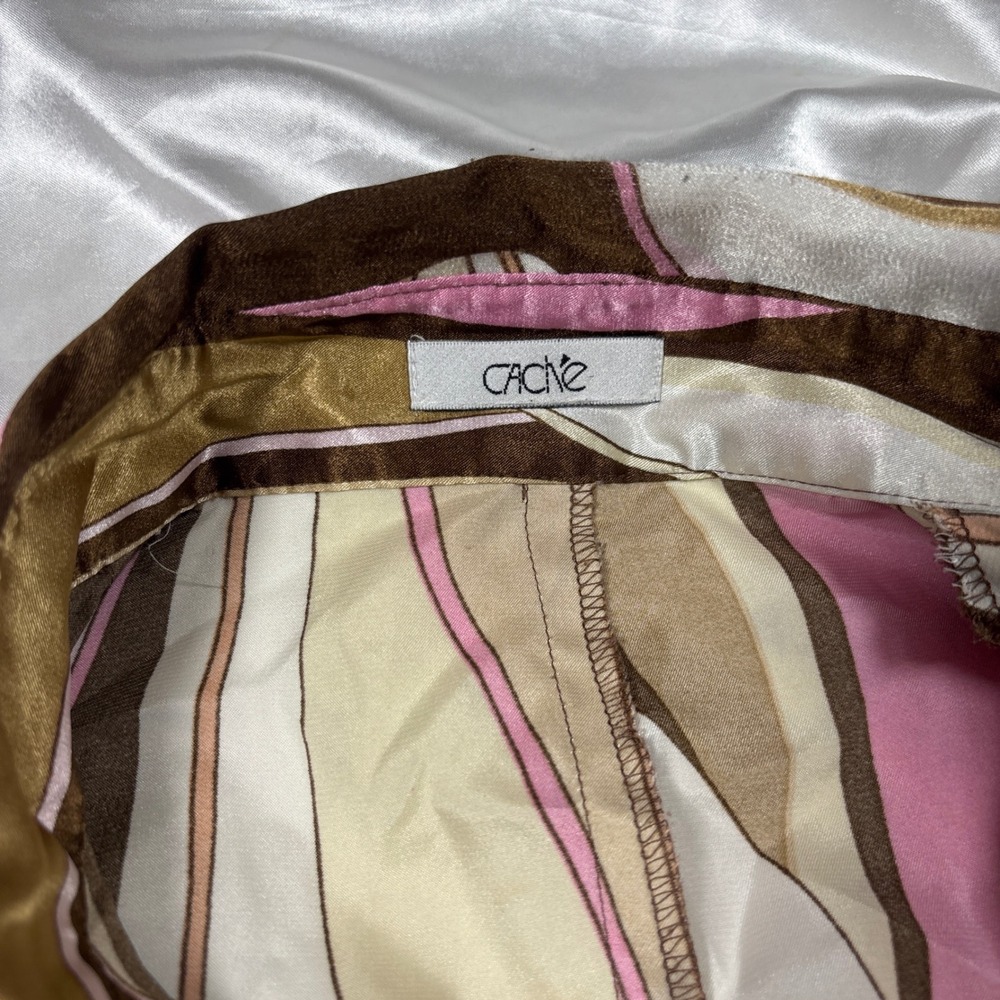 y2k Cache Blouse Brown Pink Good Psychedelic Swirl Ruched Satin Button Down Top - Picture 4 of 8